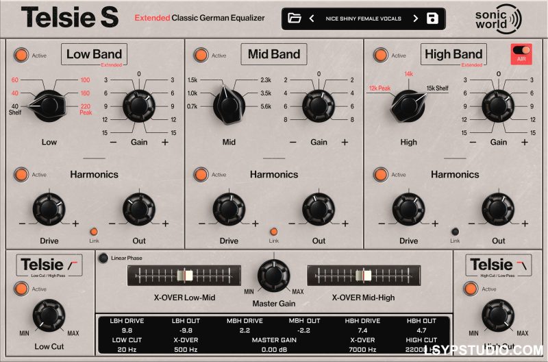 A 类均衡器的三段均衡器插件SonicWorld Plugins Telsie S v1.1.3 [WiN]-乐声音频-资源网